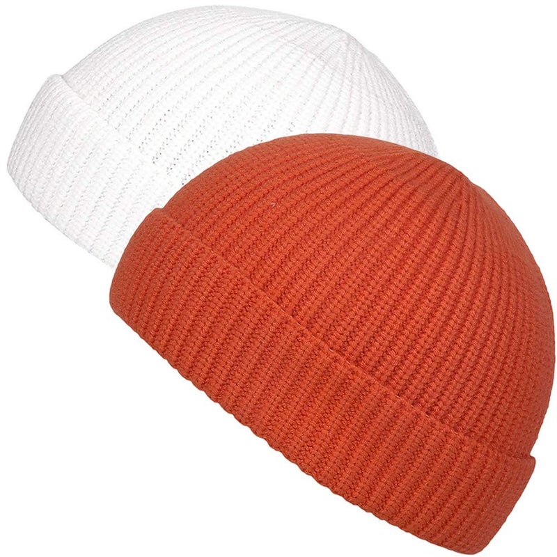 MaxNova Knit Cuff Short Fisherman Beanie Hat for Men Women Winter (2pack White/Bright Orange) - Image 1